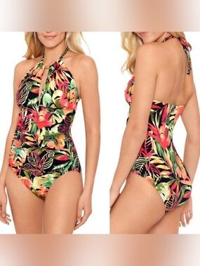 Ralph Lauren Midnight Tropical High-Neck Tummy-Control One-Piece Swimsuit US 14